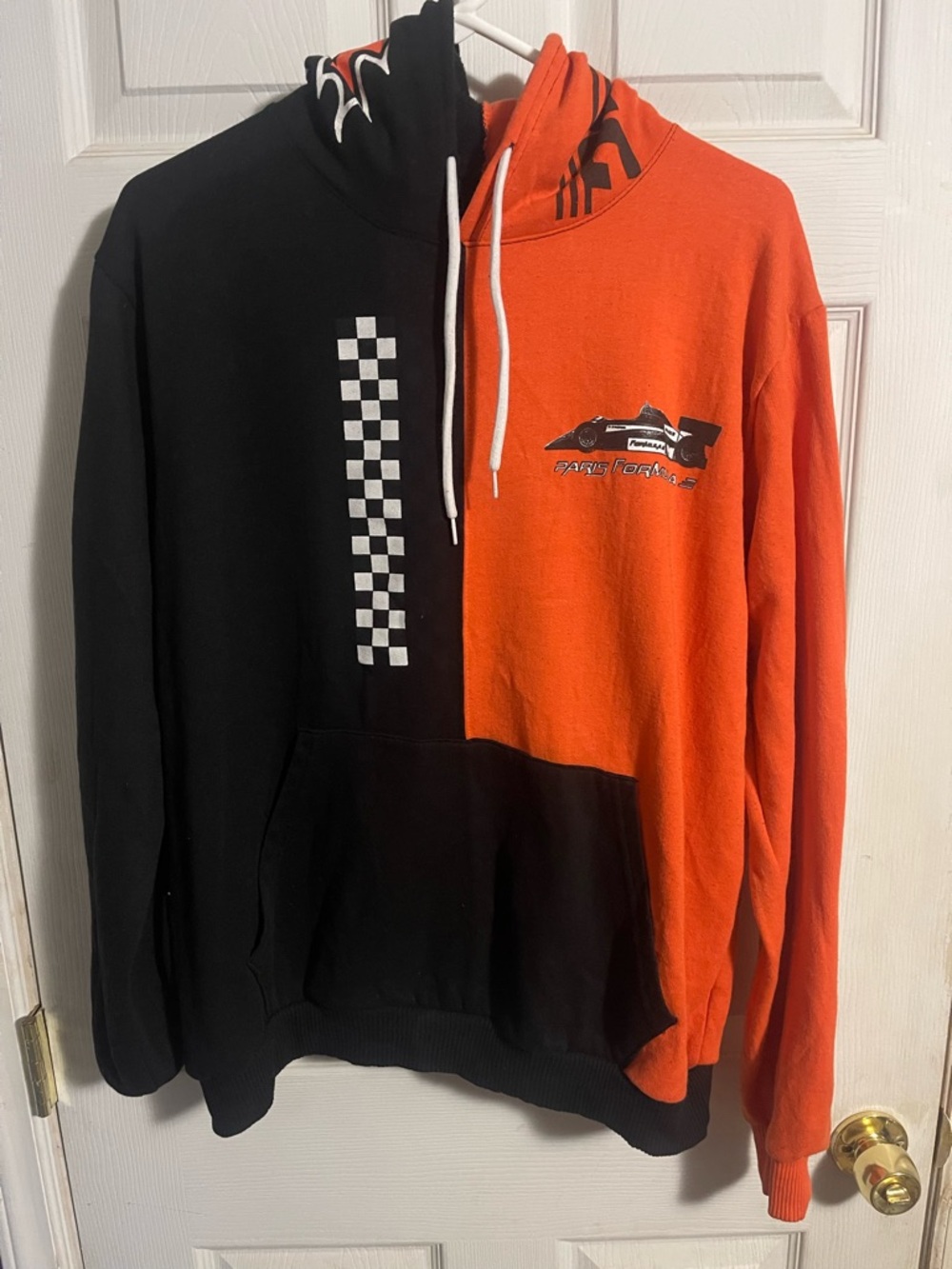Black and Orange Split Racing Hoodie with Checkered Detail